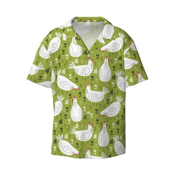 Naloa Lovely Chickens Men's Loose Fit Cuban Collar Short-Sleeve Shirt with Button-down and Chest Pocket for Everyday Wear Outings - 3X-Large