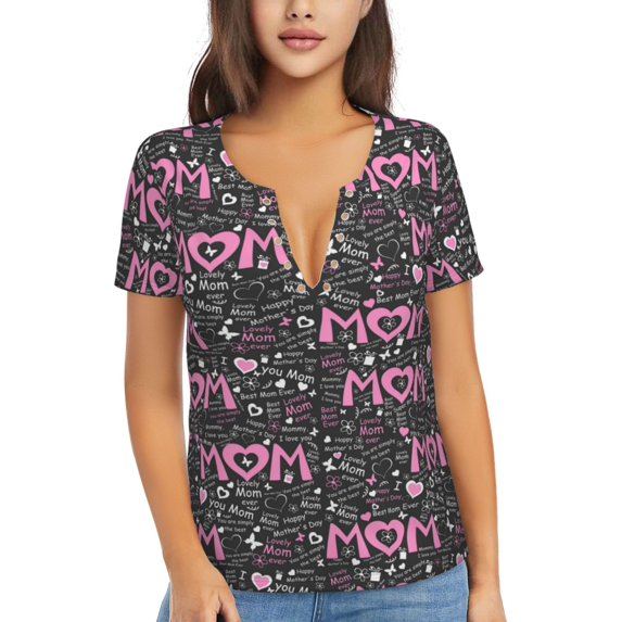 Naloa Lovely Mom Ever Print T-Shirts Short Sleeve V Neck Tees for Women Fashion Tops Trendy Lightweight Soft Casual Summer Outfits Clothes