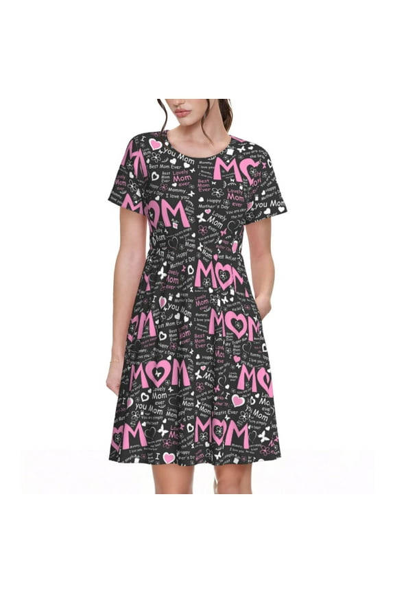 Lovely Mom Ever Print Womens Summer A-Line Dress with Pockets,Short Sleeve Dresses,Flowy Beach Swing Dress for Vacation Travel