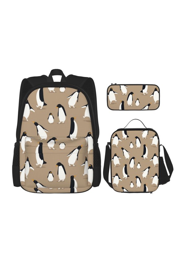Lovely Penguin Print Large Capacity Backpack Lunch Bag Pencil Case Combination 3 Piece Set for Student