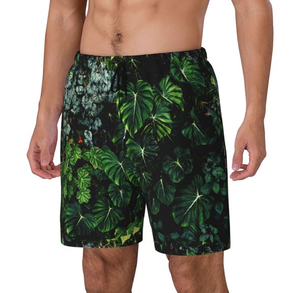 Naloa Lush Foliage Green Plant Print Men Swim Trunks with Compression Liner ,Board Shorts,Men's Swim Shorts with Drawstring and Elastic Waistband-Large