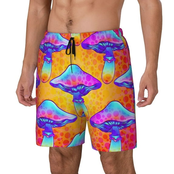 Naloa Magic Mushrooms Print Men Swim Trunks with Compression Liner ,Board Shorts,Men's Swim Shorts with Drawstring and Elastic Waistband-X-Large