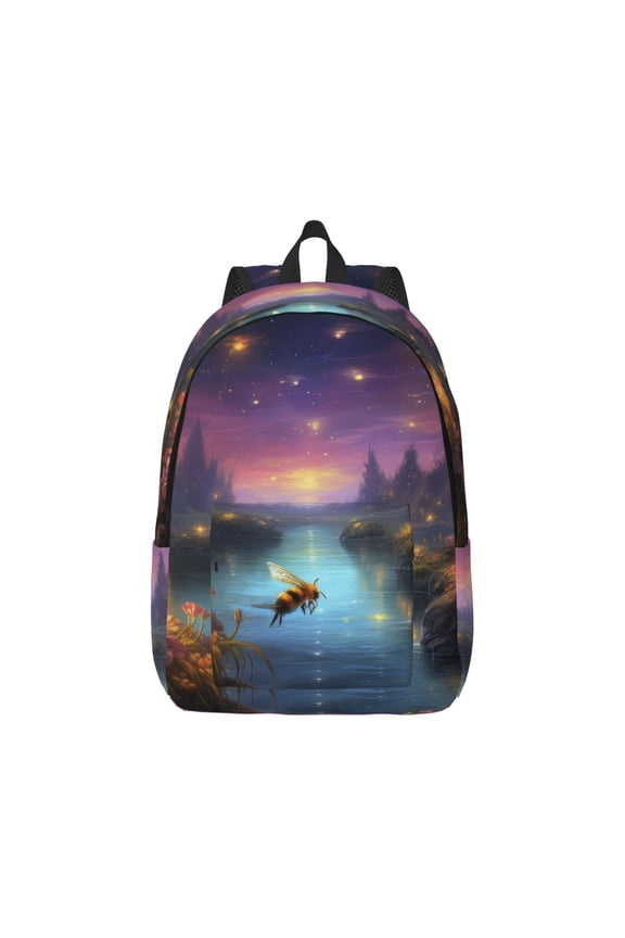 Magical Bees Twilight River Canvas Backpack for Men Women Rucksack Casual Travel Daypack College Tote Satchel Bookbag for Teens-Small