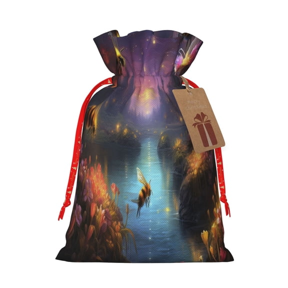 Naloa Magical Bees Twilight River Drawstring Christmas Bags, 3D Xmas Gift Bags, Christmas Wrapping Bags, Xmas Goodie Bags, Treat Pouch Bags, Party Favor Bags-Medium