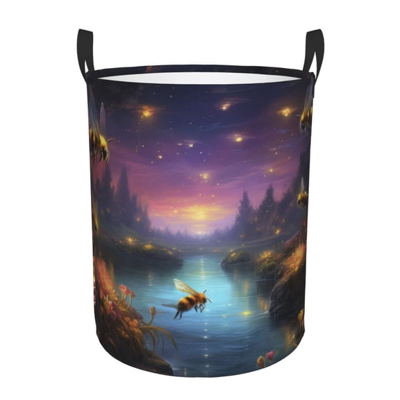 Naloa Magical Bees Twilight River Round Large Laundry Basket, Toy Storage for Hamper Kids Room,Toy Storage-Medium