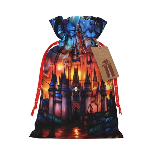 Naloa Magical Stained Glass Castle Drawstring Christmas Bags, 3D Xmas Gift Bags, Christmas Wrapping Bags, Xmas Goodie Bags, Treat Pouch Bags, Party Favor Bags-Medium