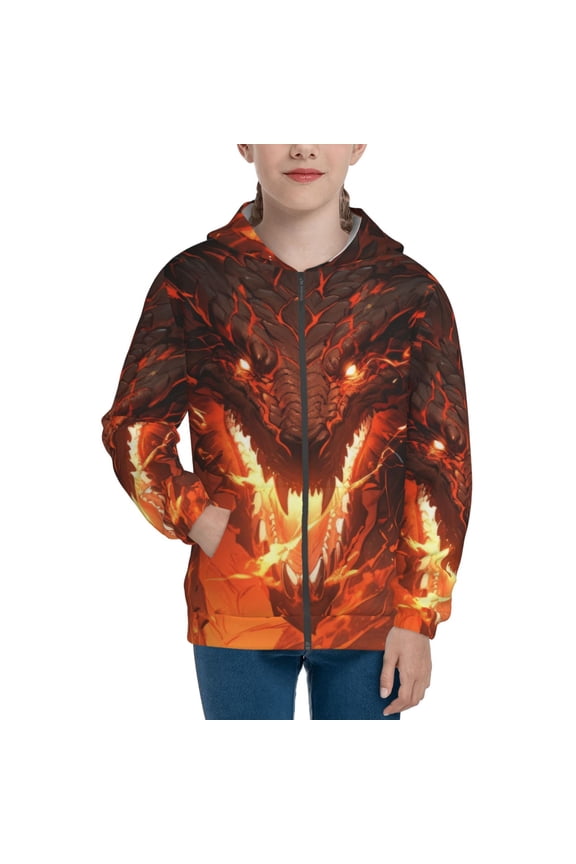 Magma Fire Black Dragon Teenage Zipper Hoodie, Long Sleeve Zip Up Hoodies Casual Jackets Tops for 7-12 Years-Medium