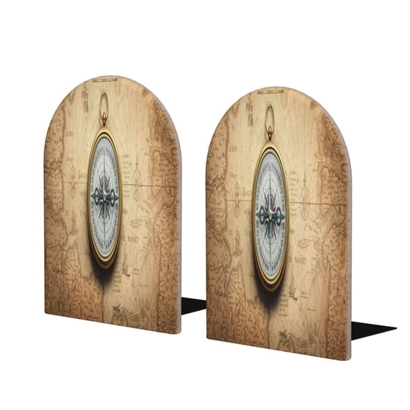 Naloa Magnetic Old Compass On World Map 2 Pcs Bookend Large Capacity Office Book Ends for Home Office Library School Study Decoration