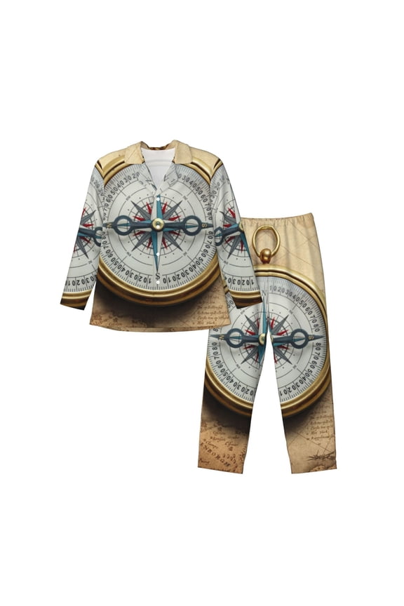 Magnetic Old Compass On World Map Men’s Pajamas Set - Long Sleeve Button Down Sleep Shirt and Pajama Bottoms Sleepwear Set-Medium
