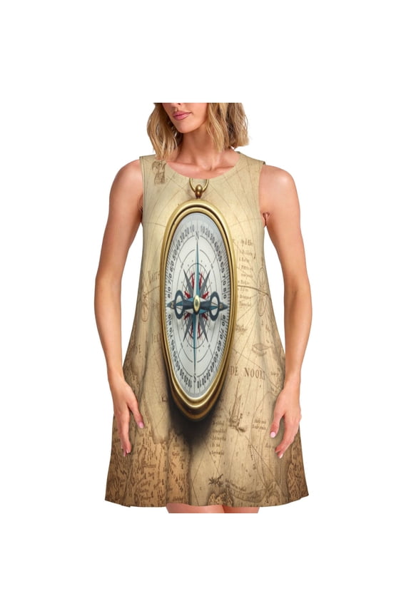 Magnetic Old Compass On World Map Print Women's Summer Spring Casual Beach Sundress,Vacation Sleeveless Tank Crewneck Loose Dresses