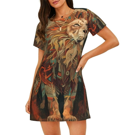 Naloa Majestic Cosmic Lion Print Women Nightgowns,Womens Loungewear,Short Sleeve Sleepwear,Comfy Ladies Nightdress