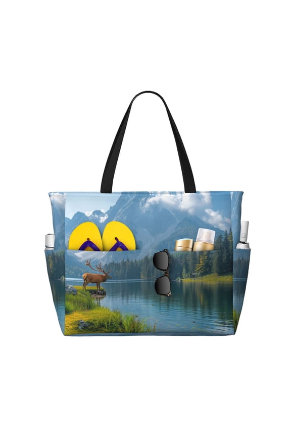 Majestic Deer Mountain Lake Large Capacity Beach Bag, Waterproof Sandproof Beach Swim Pool Bag Tote Bag for Women