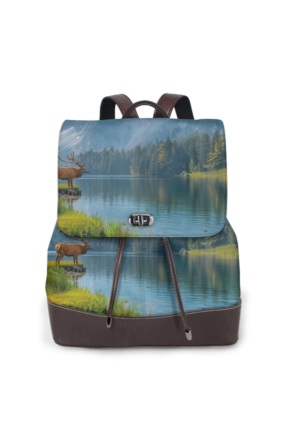 Majestic Deer Mountain Lake Print Women's Leather Backpack,Travel Laptop Backpack,Fashion Ladies Leather Backpack Bag for Travel,Leather Drawstring Daypack for Me