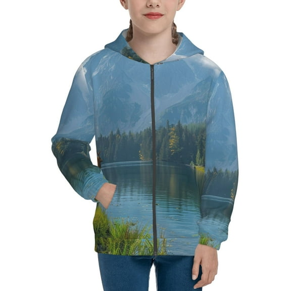 Naloa Majestic Deer Mountain Lake Teenage Zipper Hoodie, Long Sleeve Zip Up Hoodies Casual Jackets Tops for 7-12 Years-Small