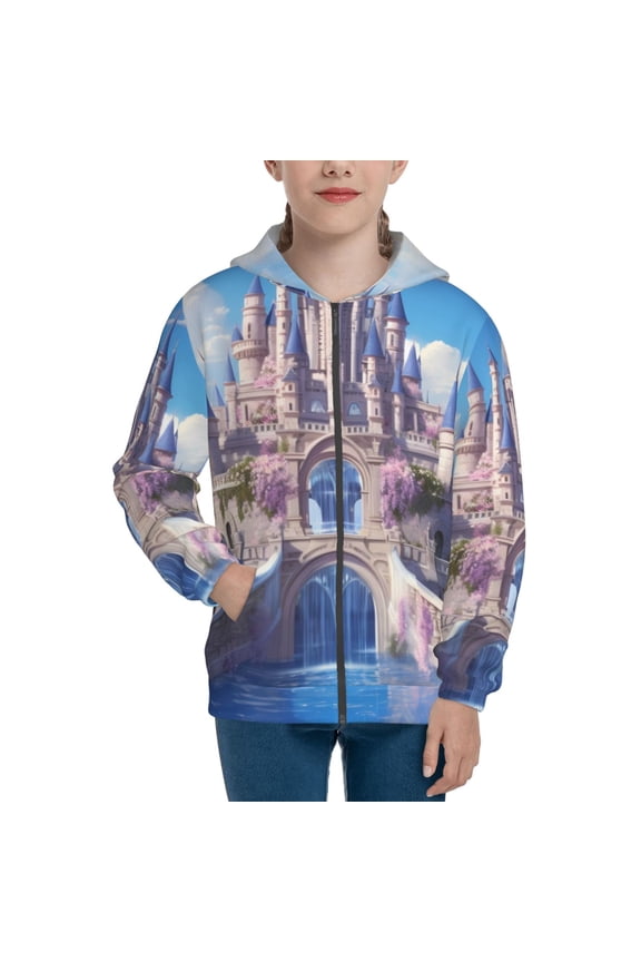 Majestic Fantasy Castle Teenage Zipper Hoodie, Long Sleeve Zip Up Hoodies Casual Jackets Tops for 7-12 Years-Small