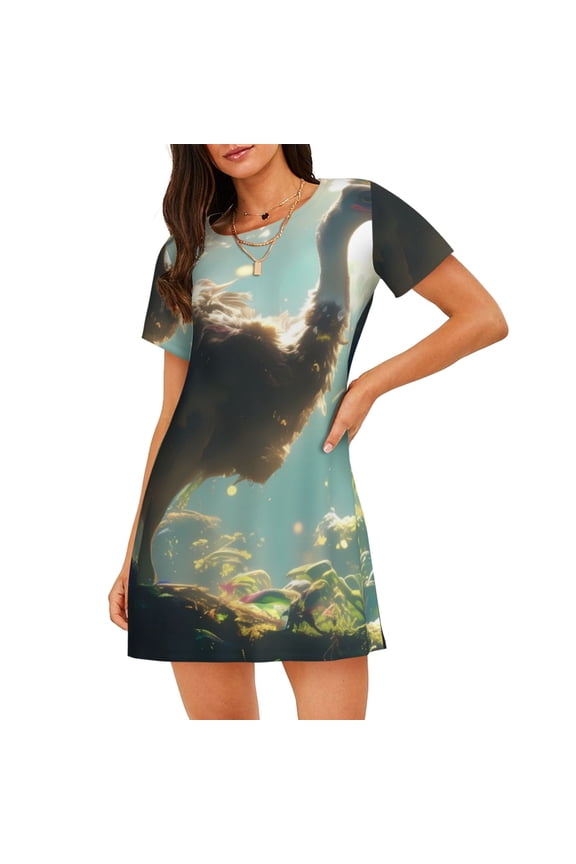 Majestic Ostrich In Forest Print Women Nightgowns,Womens Loungewear,Short Sleeve Sleepwear,Comfy Ladies Nightdress