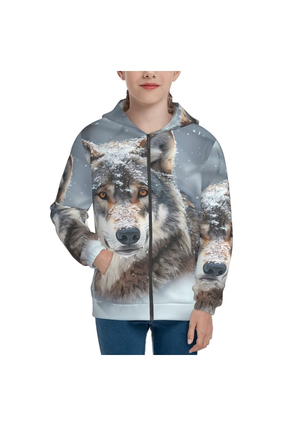 Majestic Snowy Wolf Teenage Zipper Hoodie, Long Sleeve Zip Up Hoodies Casual Jackets Tops for 7-12 Years-Medium