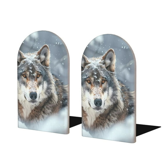 Naloa Majestic Snowy Wolf Wood Non-Skid Bookend for Shelves,Book Ends for Heavy Books, Book Stand for CDs,1 Pair