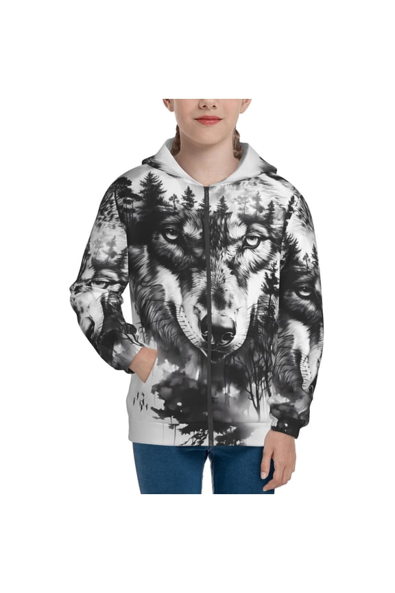 Majestic Wolf Landscape Teenage Zipper Hoodie, Long Sleeve Zip Up Hoodies Casual Jackets Tops for 7-12 Years-Medium
