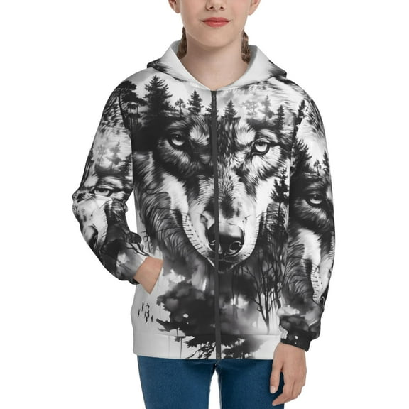 Naloa Majestic Wolf Landscape Teenage Zipper Hoodie, Long Sleeve Zip Up Hoodies Casual Jackets Tops for 7-12 Years-Small
