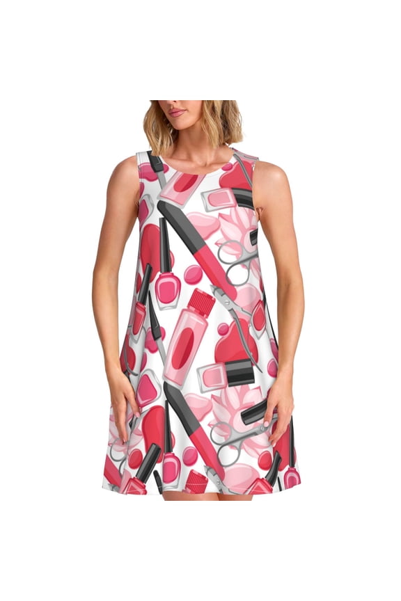 Makeup Print Women's Summer Spring Casual Beach Sundress,Vacation Sleeveless Tank Crewneck Loose Dresses