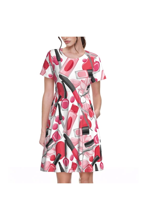 Makeup Print Womens Summer A-Line Dress with Pockets,Short Sleeve Dresses,Flowy Beach Swing Dress for Vacation Travel