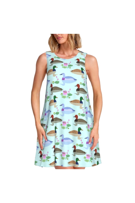 Mallard Duck Of Lotus Flowers Print Women's Summer Spring Casual Beach Sundress,Vacation Sleeveless Tank Crewneck Loose Dresses