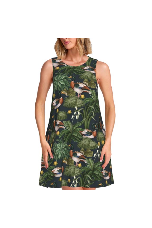 Mallard Ducks And Water Print Women's Summer Spring Casual Beach Sundress,Vacation Sleeveless Tank Crewneck Loose Dresses