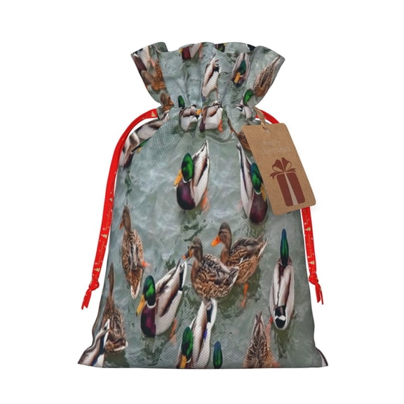 Naloa Mallard Ducks Swimming Drawstring Christmas Bags, 3D Xmas Gift Bags, Christmas Wrapping Bags, Xmas Goodie Bags, Treat Pouch Bags, Party Favor Bags-Small