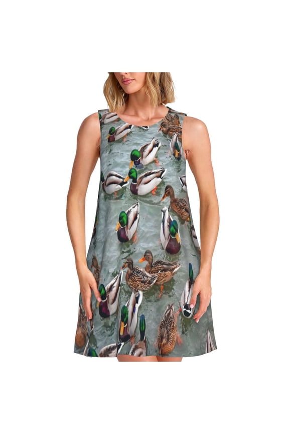 Mallard Ducks Swimming Print Women's Summer Spring Casual Beach Sundress,Vacation Sleeveless Tank Crewneck Loose Dresses