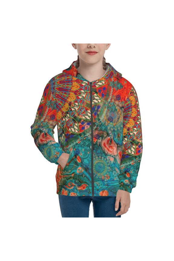 Mandala Colorful Teenage Zipper Hoodie, Long Sleeve Zip Up Hoodies Casual Jackets Tops for 7-12 Years-Medium