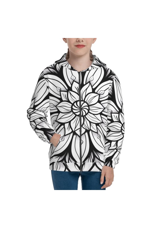 Mandala Floral Line Art Teenage Zipper Hoodie, Long Sleeve Zip Up Hoodies Casual Jackets Tops for 7-12 Years-Medium