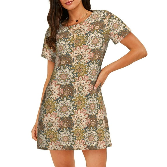 Naloa Mandala Print Women Nightgowns,Womens Loungewear,Short Sleeve Sleepwear,Comfy Ladies Nightdress