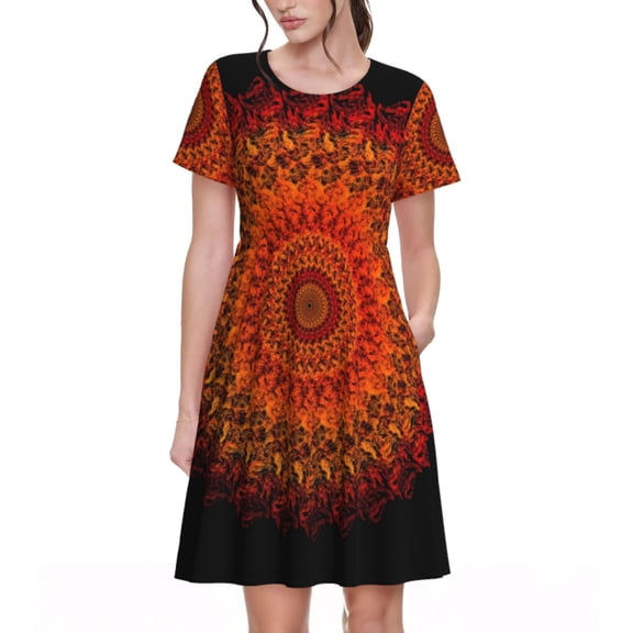 Naloa Mandala Print Womens Summer A-Line Dress with Pockets,Short Sleeve Dresses,Flowy Beach Swing Dress for Vacation Travel