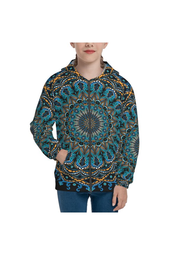 Mandala Teenage Zipper Hoodie, Long Sleeve Zip Up Hoodies Casual Jackets Tops for 7-12 Years-Medium