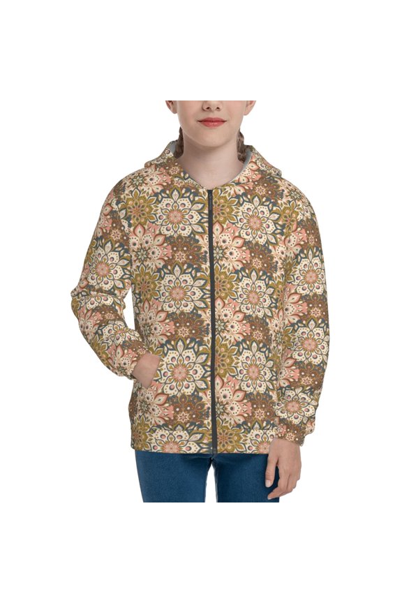 Mandala Teenage Zipper Hoodie, Long Sleeve Zip Up Hoodies Casual Jackets Tops for 7-12 Years-Small