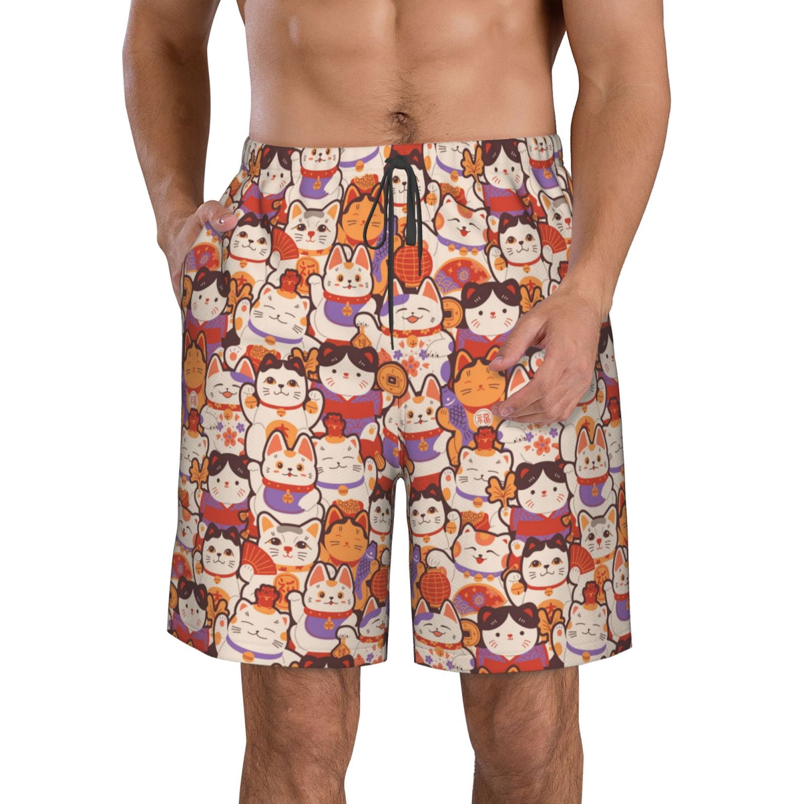 Naloa Maneki-Neko Cats Men's Beach Shorts, Surfing shorts, Swim trunks, Quick Dry Swim Trunks for Surfing Beach Fun - Large