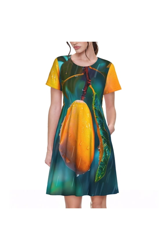 Mango In The Rain Print Womens Summer A-Line Dress with Pockets,Short Sleeve Dresses,Flowy Beach Swing Dress for Vacation Travel