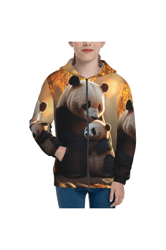 Maple Forest Panda Teenage Zipper Hoodie, Long Sleeve Zip Up Hoodies Casual Jackets Tops for 7-12 Years-Medium