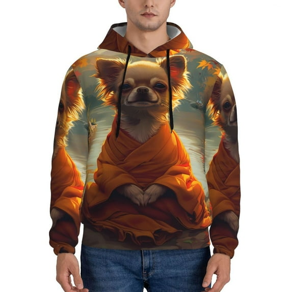 Naloa Maple Leaf Meditating Chihuahua Men's Casual Hooded Collar Drawstring Hoodies Pullover Sweatshirts Casual Long Sleeve Shirts-4X-Large
