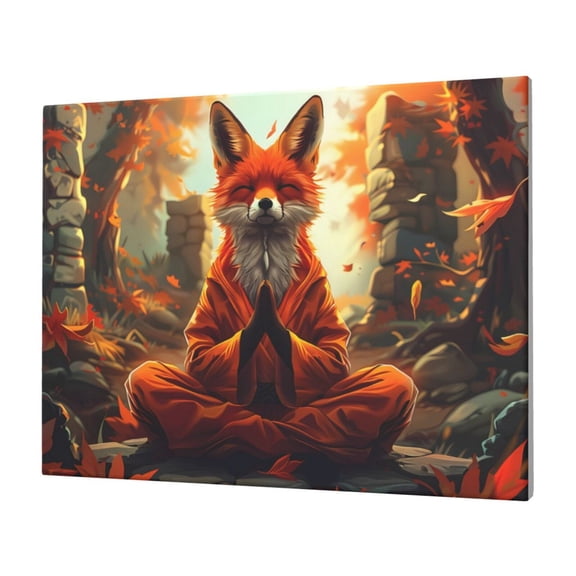 Naloa Maple Leaf Meditating Fox Print Canvas Picture,Wall Pictures, Modern Decorative Poster,Art Prints for Bedroom, Toilet, 40 x 30 cm, Built-in Wooden Frame