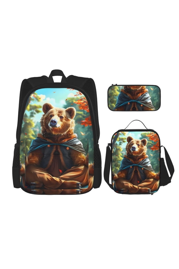 Maple Meditating Bear Print Large Capacity Backpack Lunch Bag Pencil Case Combination 3 Piece Set for Student