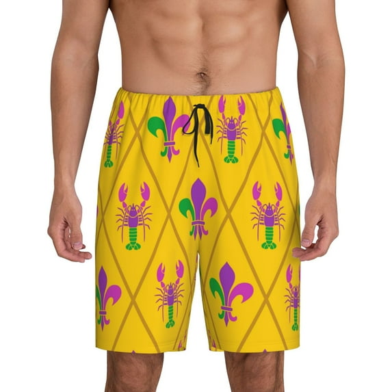 Naloa Mardi Gras Crayfish and Fleur de lis Men's Short Pajama Pants, Lounge Comfort Shorts with Elasticized Waistband and Side Pockets - 4X-Large