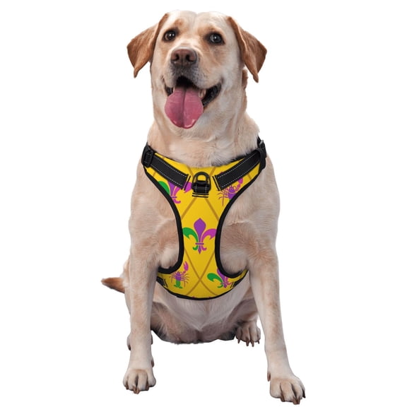 Naloa Mardi Gras Crayfish and Fleur de lis Pet Harness Vest with Traction Rope, Adjustable No-Choke Dog Vest for Outdoor, Walking - Medium