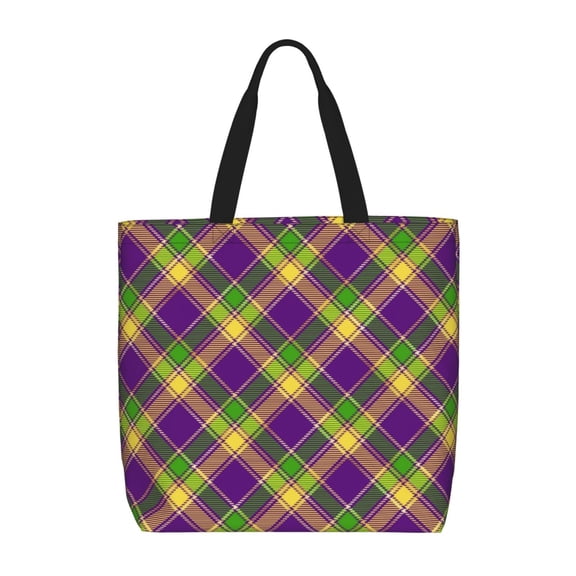 Naloa Mardi Gras Plaid Tote Bag for Women, Foldable Tote Bag With Zipper, Large Shoulder Bag, Top Handle Handbag for Travel, Work, Shopping