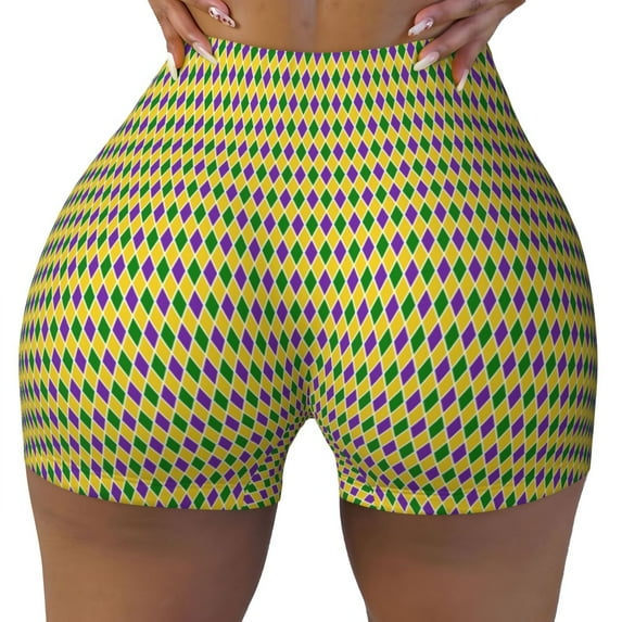 Naloa Mardi Gras Purple Yellow Plaid Biker Shorts for Women Seamless Scrunch Short Women’s Yoga Shorts for Gym Running Sport Shorts - Large