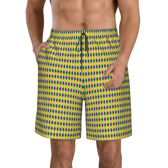 Naloa Mardi Gras Purple Yellow Plaid Men's Beach Shorts, Surfing shorts, Swim trunks, Quick Dry Swim Trunks for Surfing Beach Fun - Large
