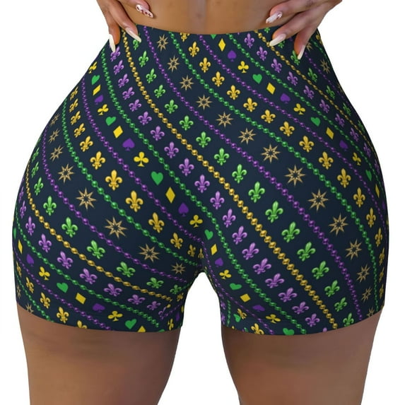 Naloa Mardi Gras Strings of Beads Biker Shorts for Women Seamless Scrunch Short Women’s Yoga Shorts for Gym Running Sport Shorts - Small