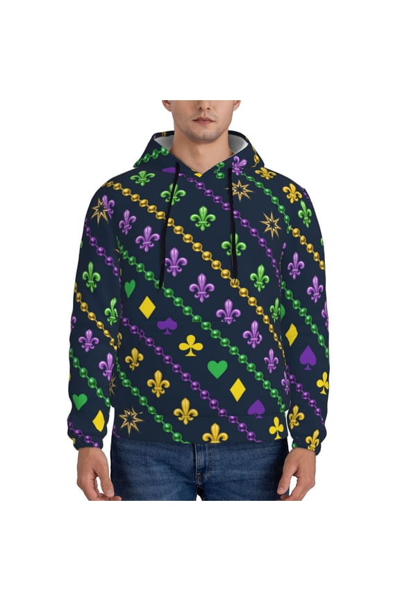 Mardi Gras Strings of Beads Men's Casual Hooded Collar Drawstring Hoodies Pullover Sweatshirts Casual Long Sleeve Shirts-Medium