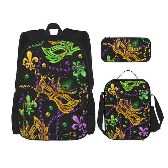 Naloa Mardi Gras Surface Print Large Capacity Backpack Lunch Bag Pencil Case Combination 3 Piece Set for Student